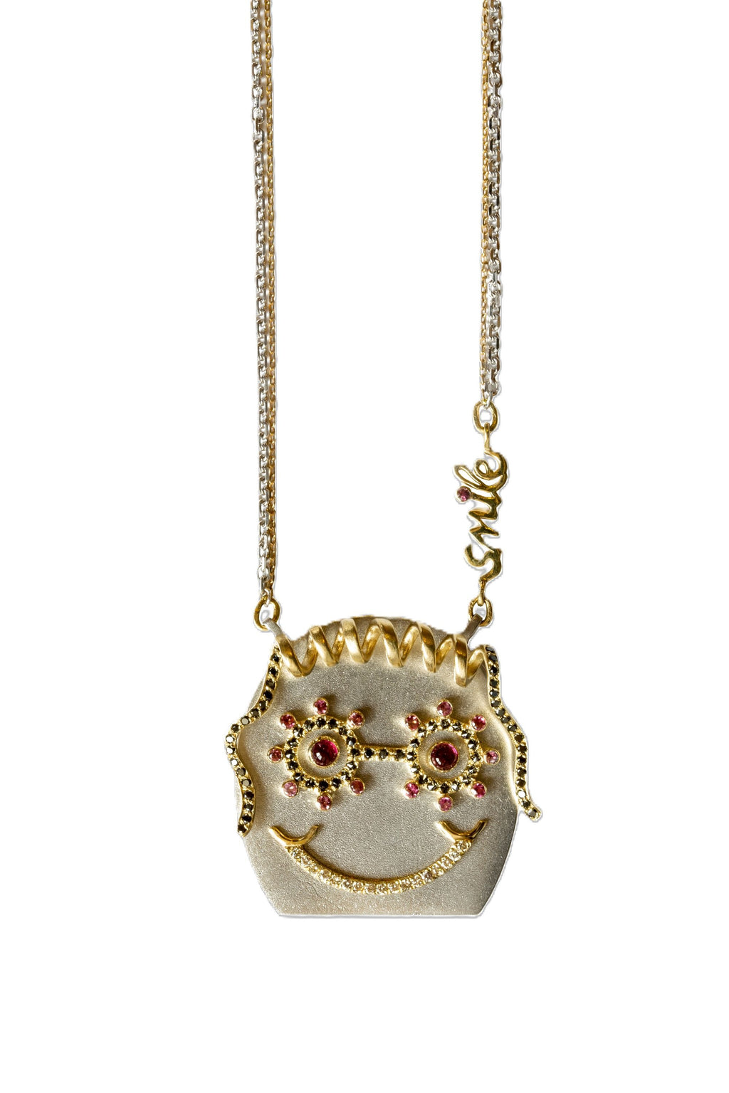 Gold & silver smiley face necklace, curly hair, black diamond glasses, diamond smile