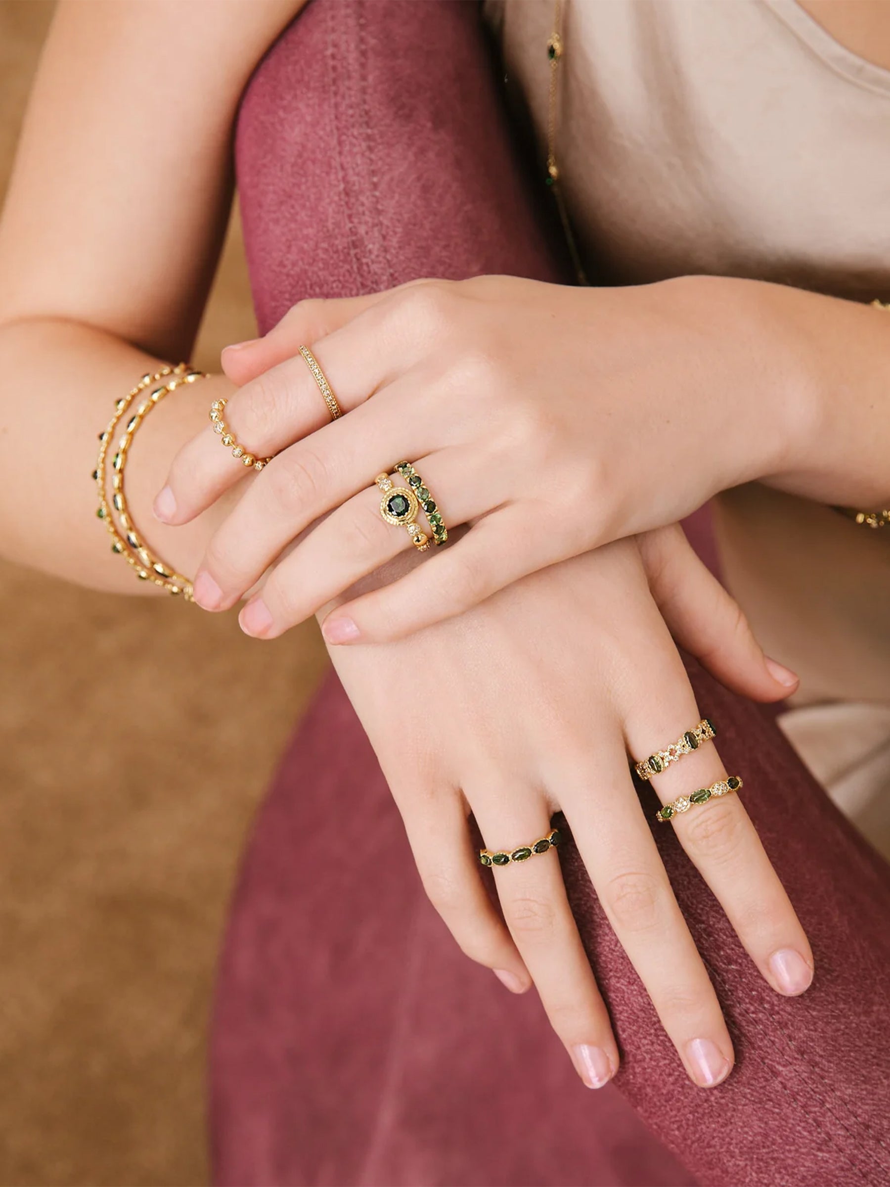 Freestyle Green Tourmaline Oval Cabochon And Diamond Clusters Ring