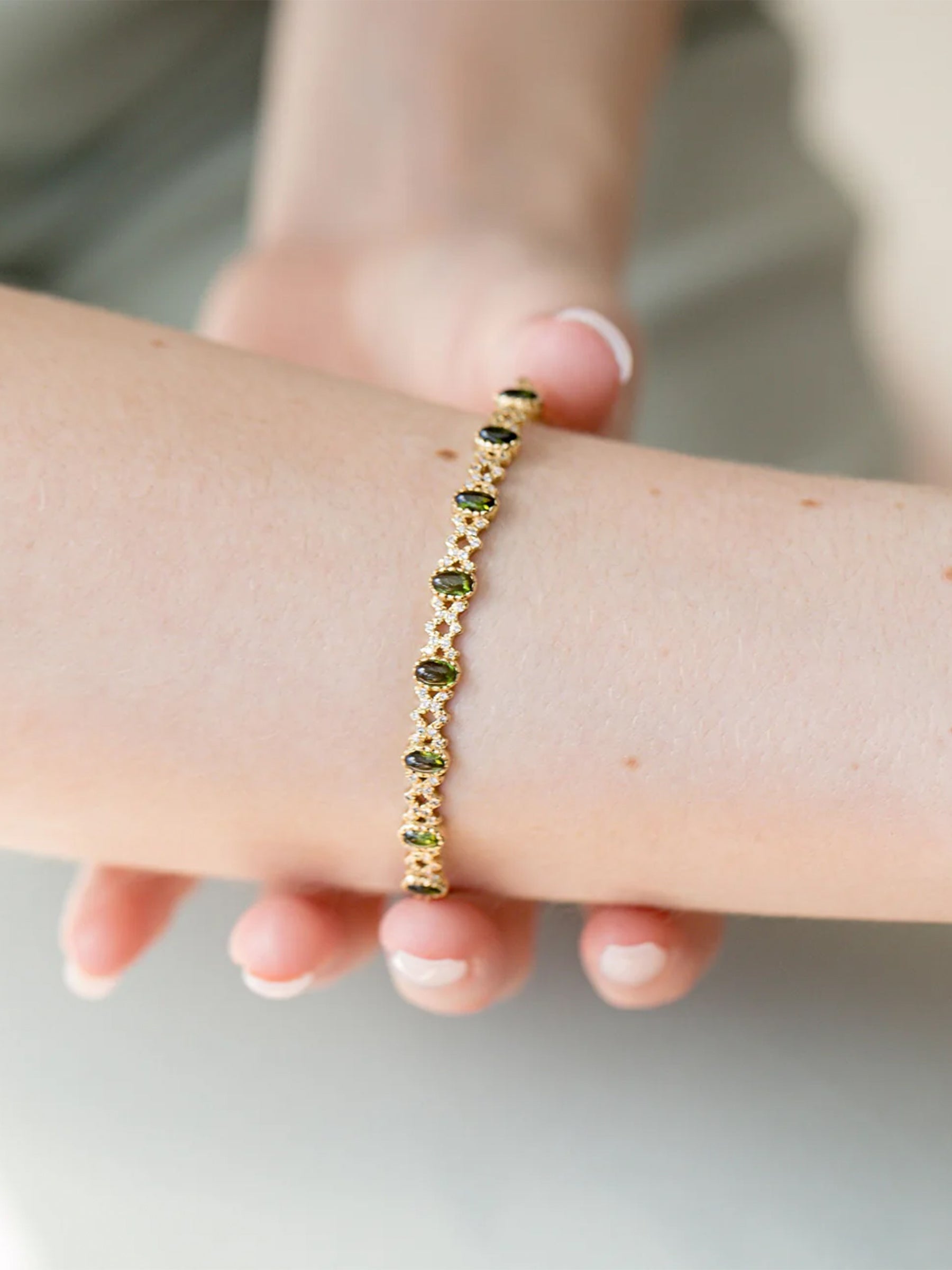 Freestyle Green Tourmaline Cabochon And Diamond Rhombus Bracelet
