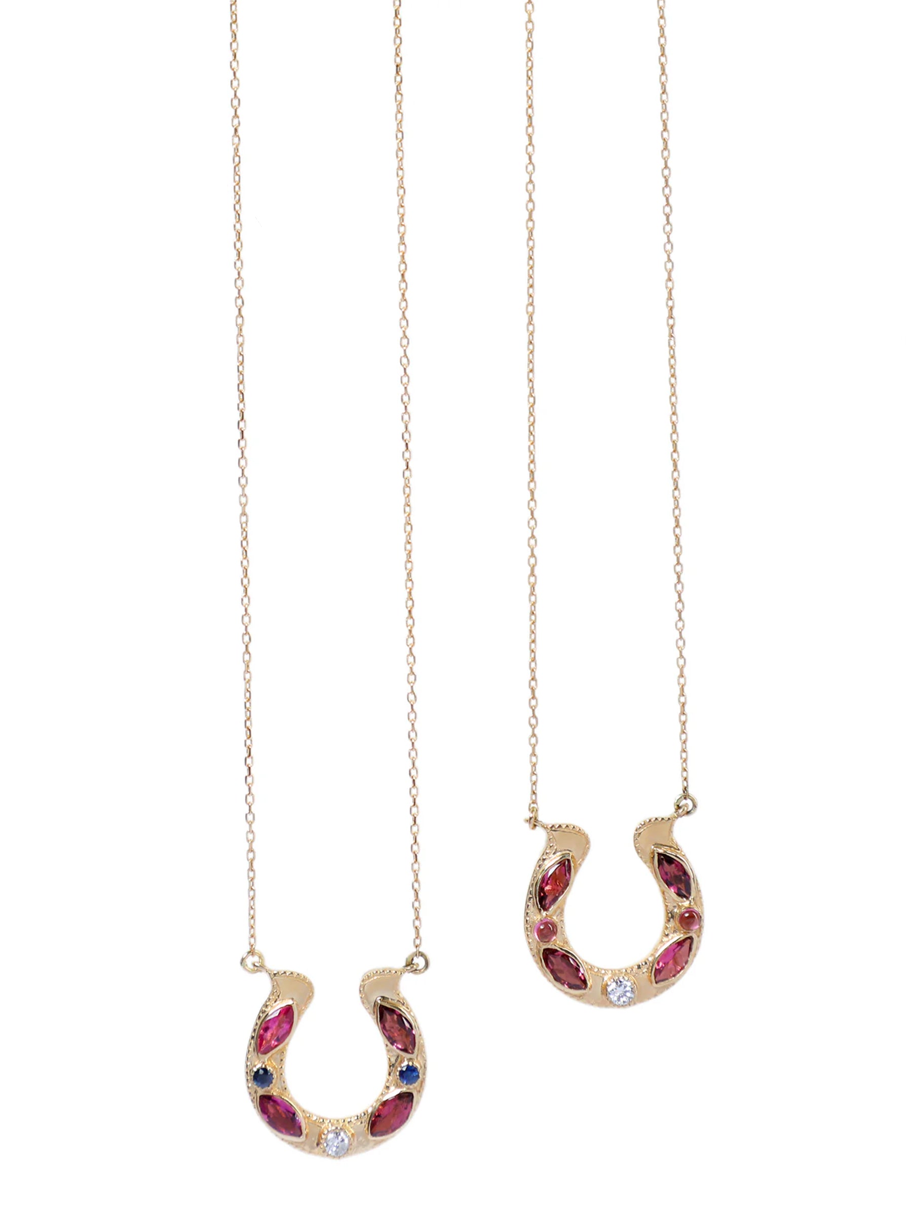 Two Horseshoe Pink Tourmaline Marquise-cut Necklaces in variations.