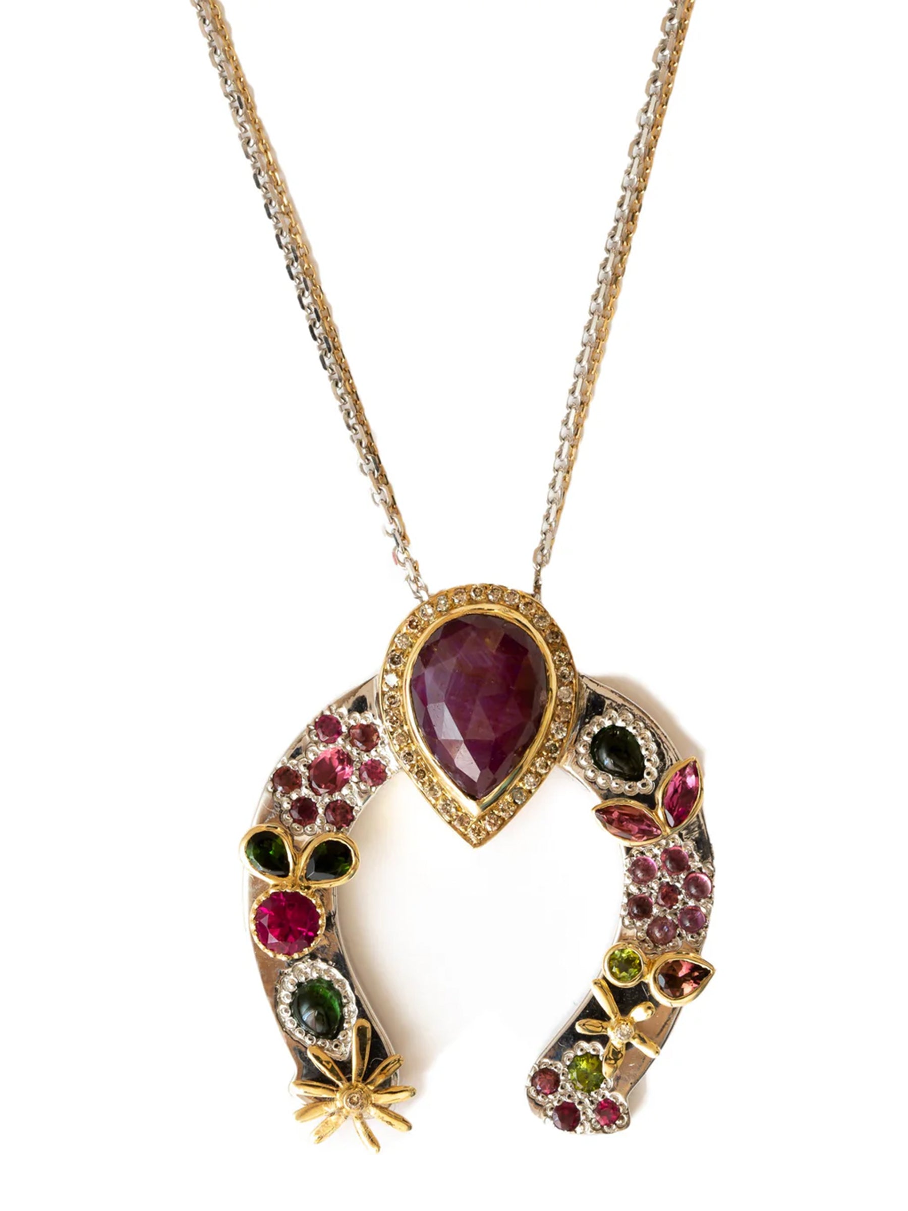 front view, horseshoe necklace with red sapphire center, tourmaline and sapphire clusters, pavé diamonds, and gold leaf accents on palladium- and rhodium-treated sterling silver.