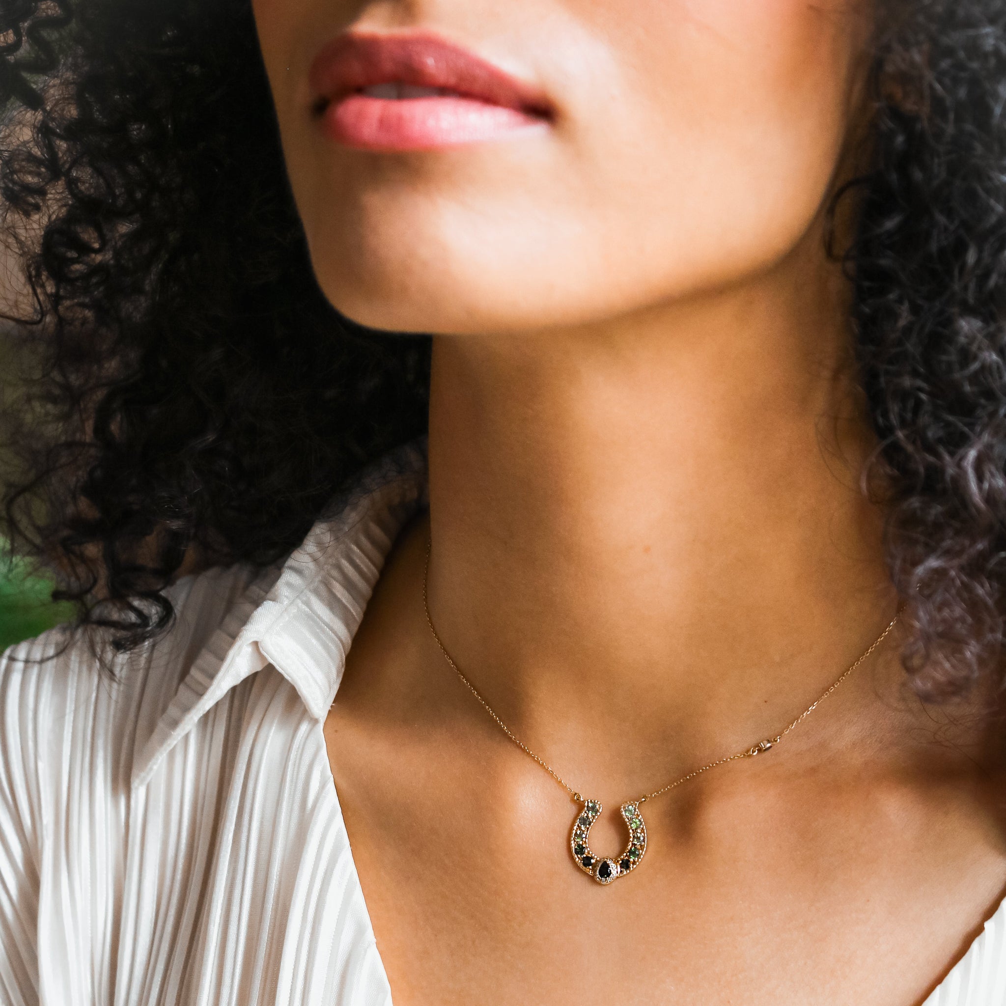 Ombre Green Tourmaline Horseshoe Necklace With Pear Crown And Diamonds