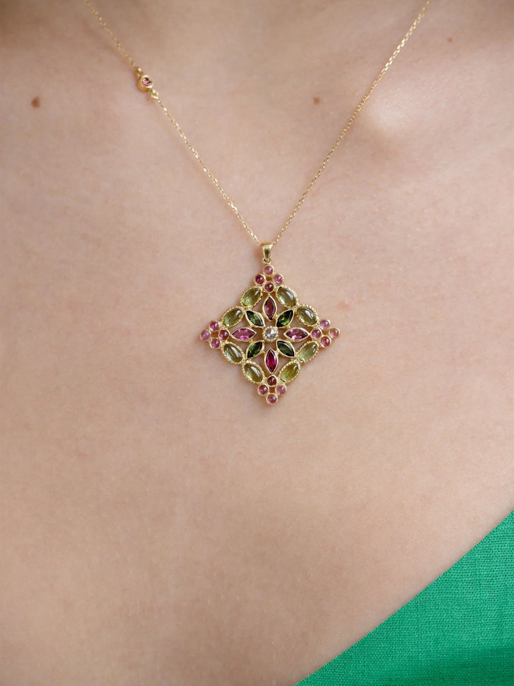 Arabesque Necklace with Multicolored Tourmalines, Diamond Center