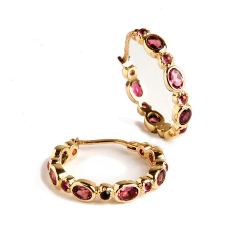 Gold hoop pink oval tourmaline and round cabochon tourmaline earrings on white background