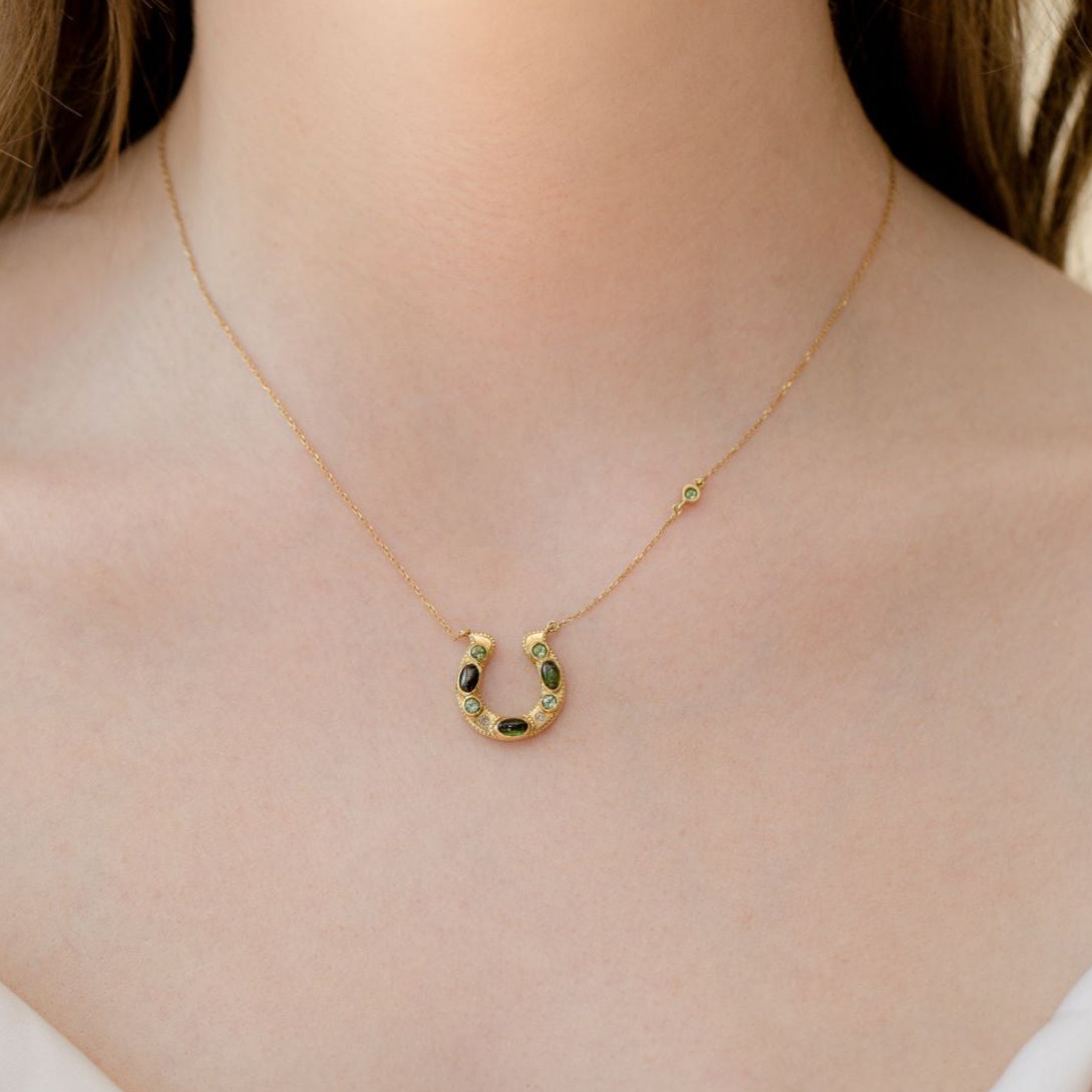 Green Tourmaline Cabochon Horseshoe Necklace With Diamonds