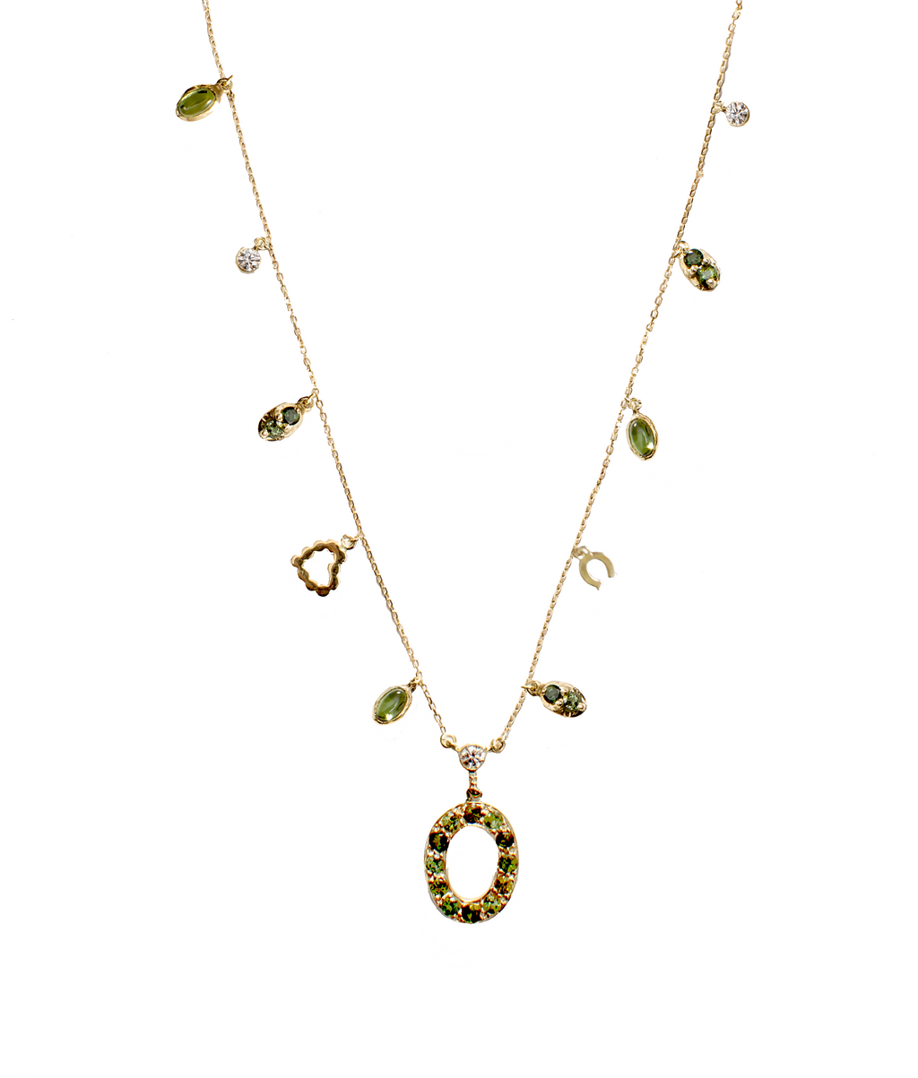 Long Tourmaline Necklace With Diamonds And Green Tourmaline Charm Drops