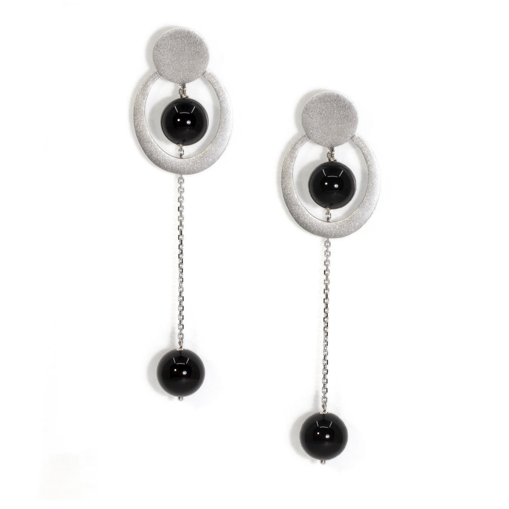 Silver Onyx Dangling Sphere Earrings