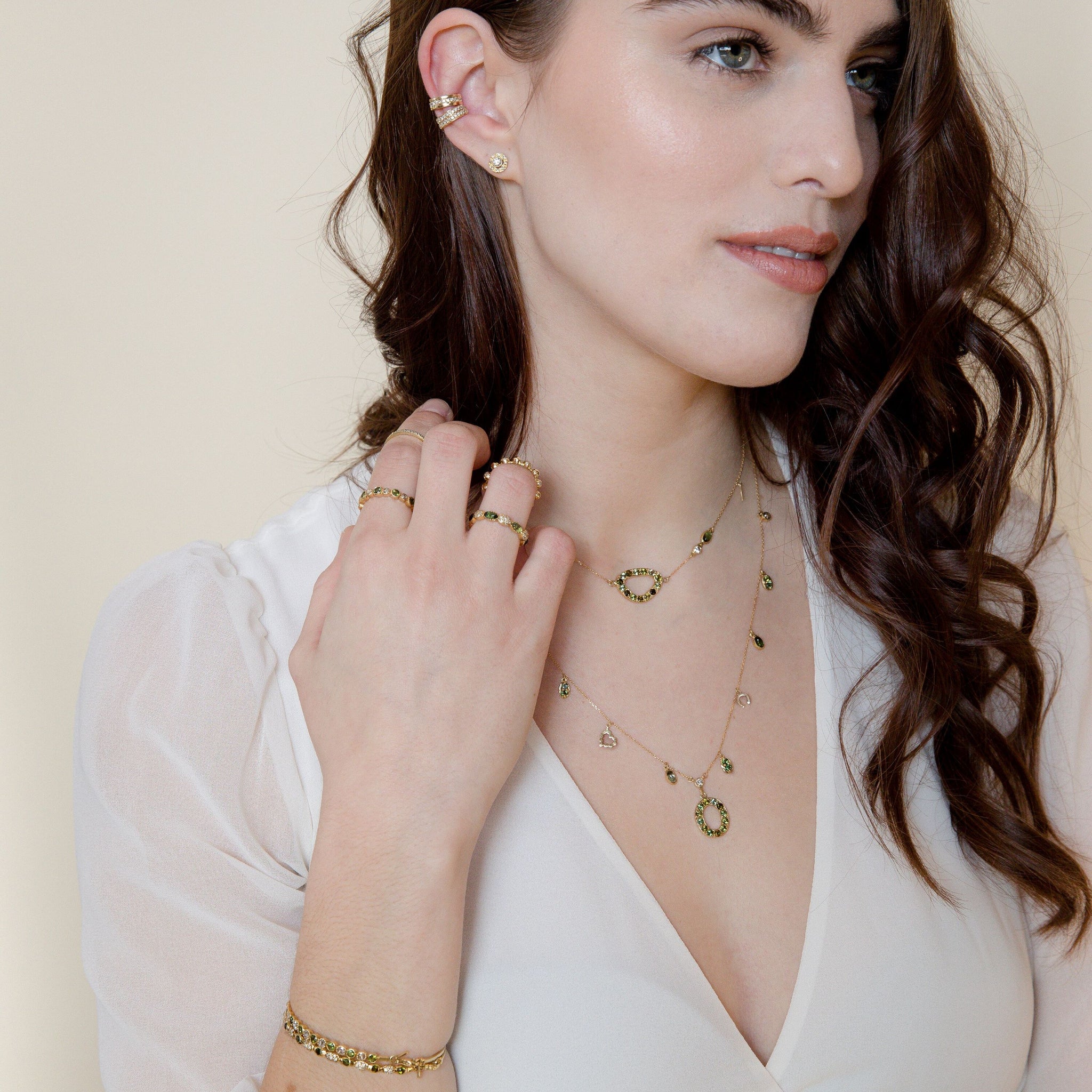 Long Tourmaline Necklace With Diamonds And Green Tourmaline Charm Drops