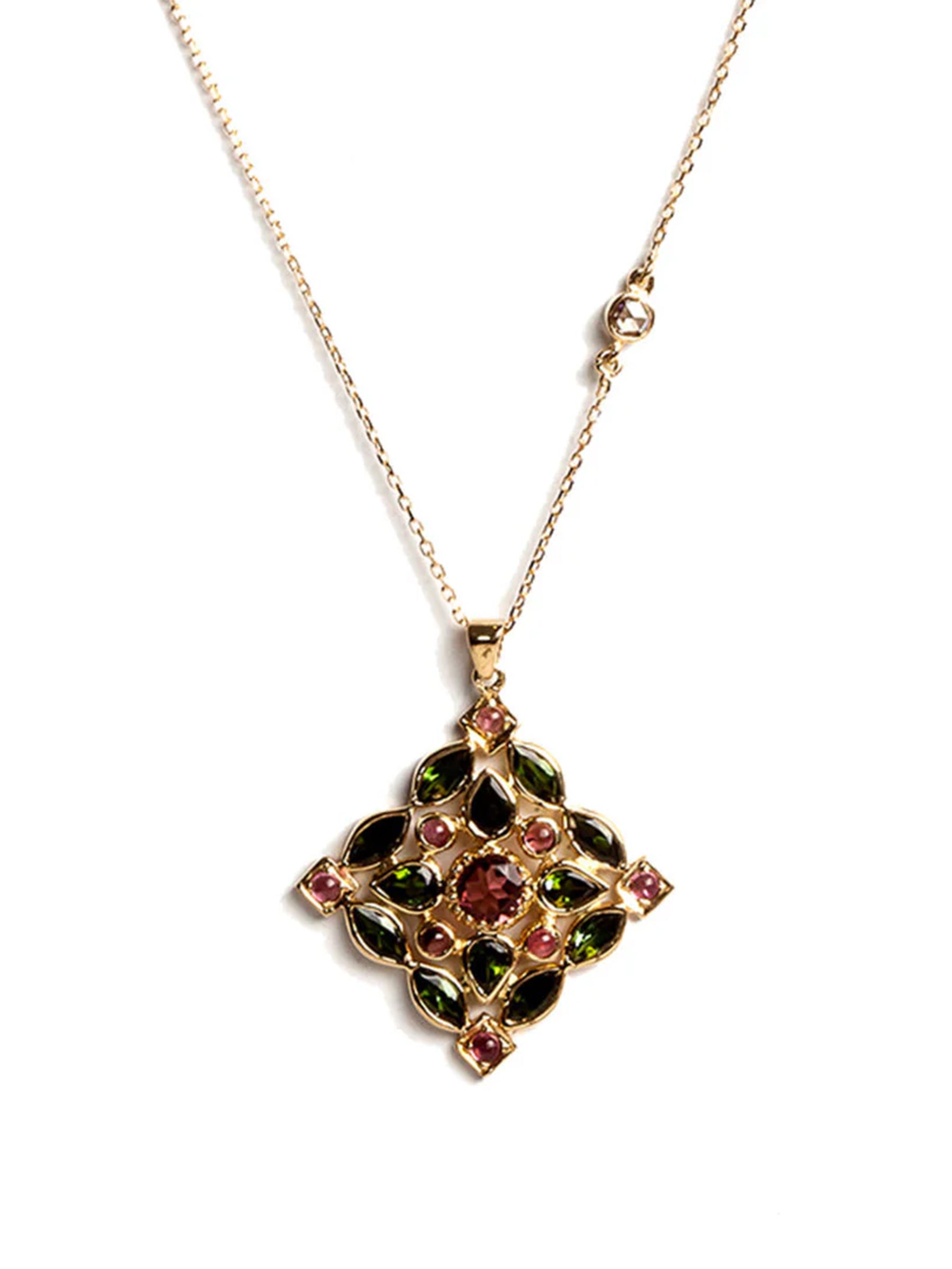 Arabesque Necklace with Multicolored Tourmalines, White Diamonds and Pink Tourmaline Center