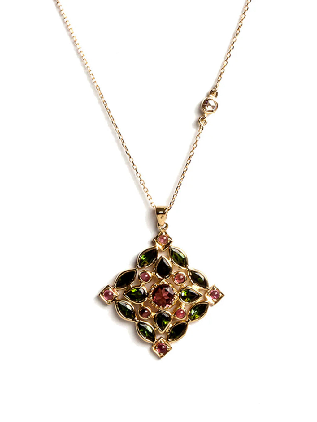 Arabesque Necklace with Multicolored Tourmalines, White Diamonds and Pink Tourmaline Center