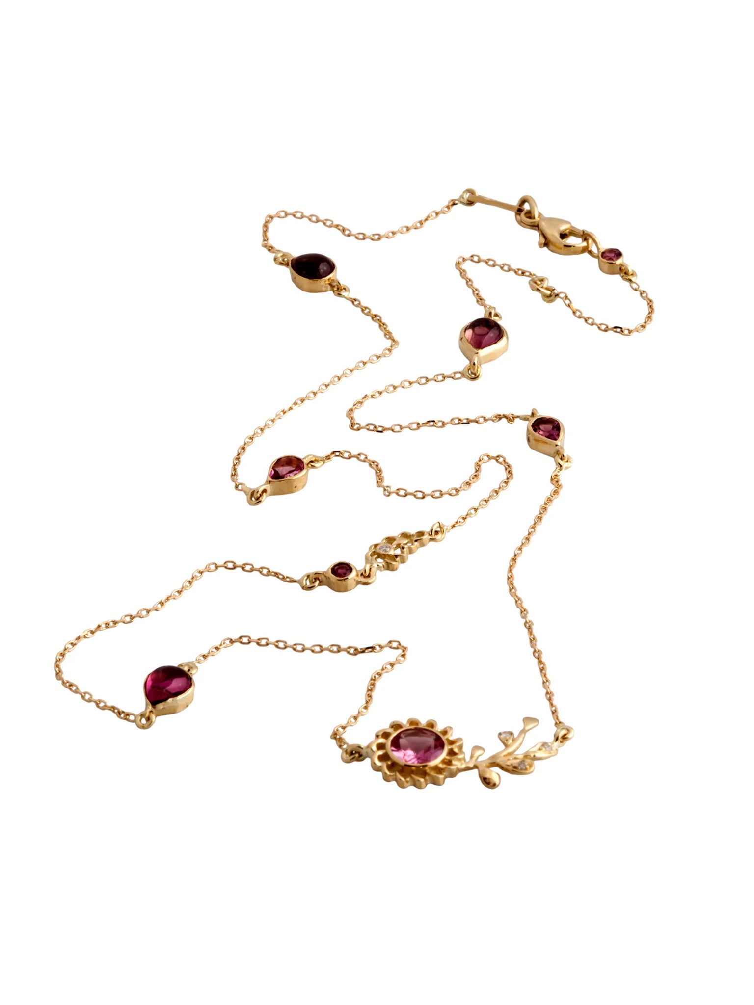 18k gold aghabani lily veins necklace with pink tourmaline and diamonds on a white background