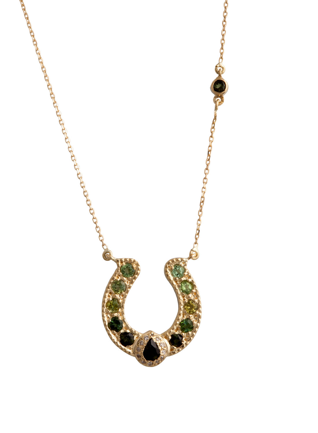 Ombre Green Tourmaline Horseshoe Necklace With Pear Crown And Diamonds