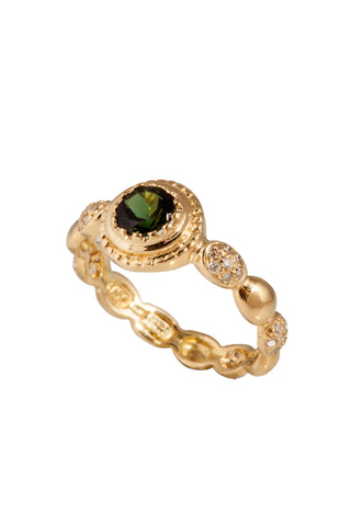 Green tourmaline and diamond accent ring, on a white background 