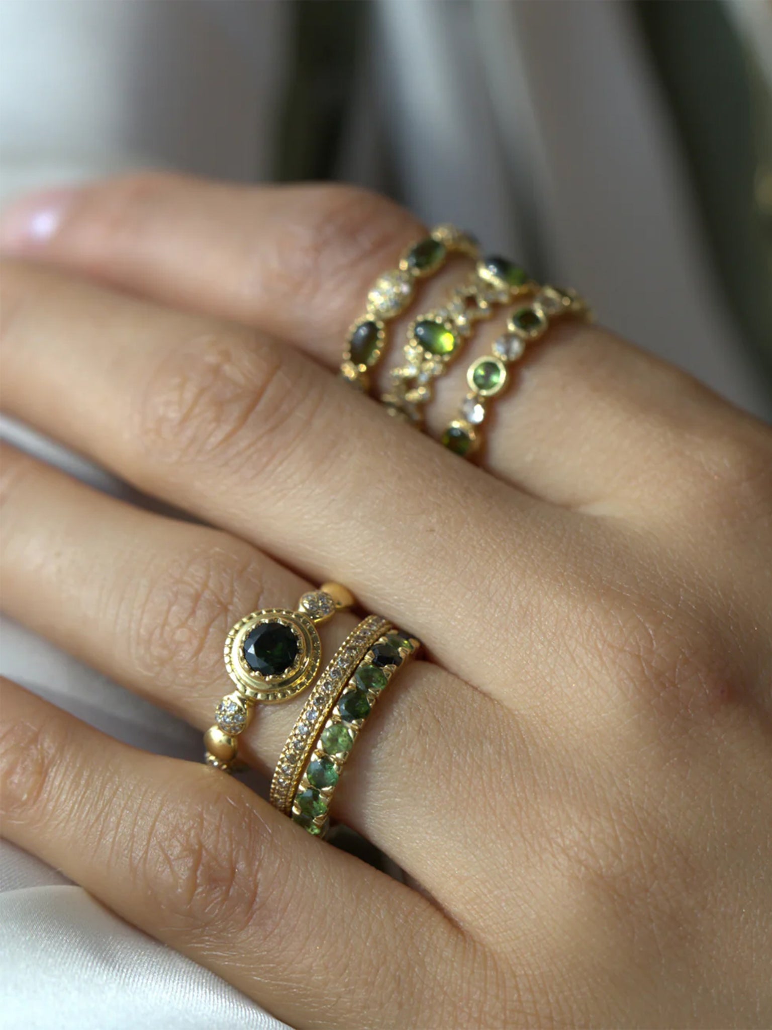 Freestyle Green Tourmaline and Rose-cut Round diamonds Ring