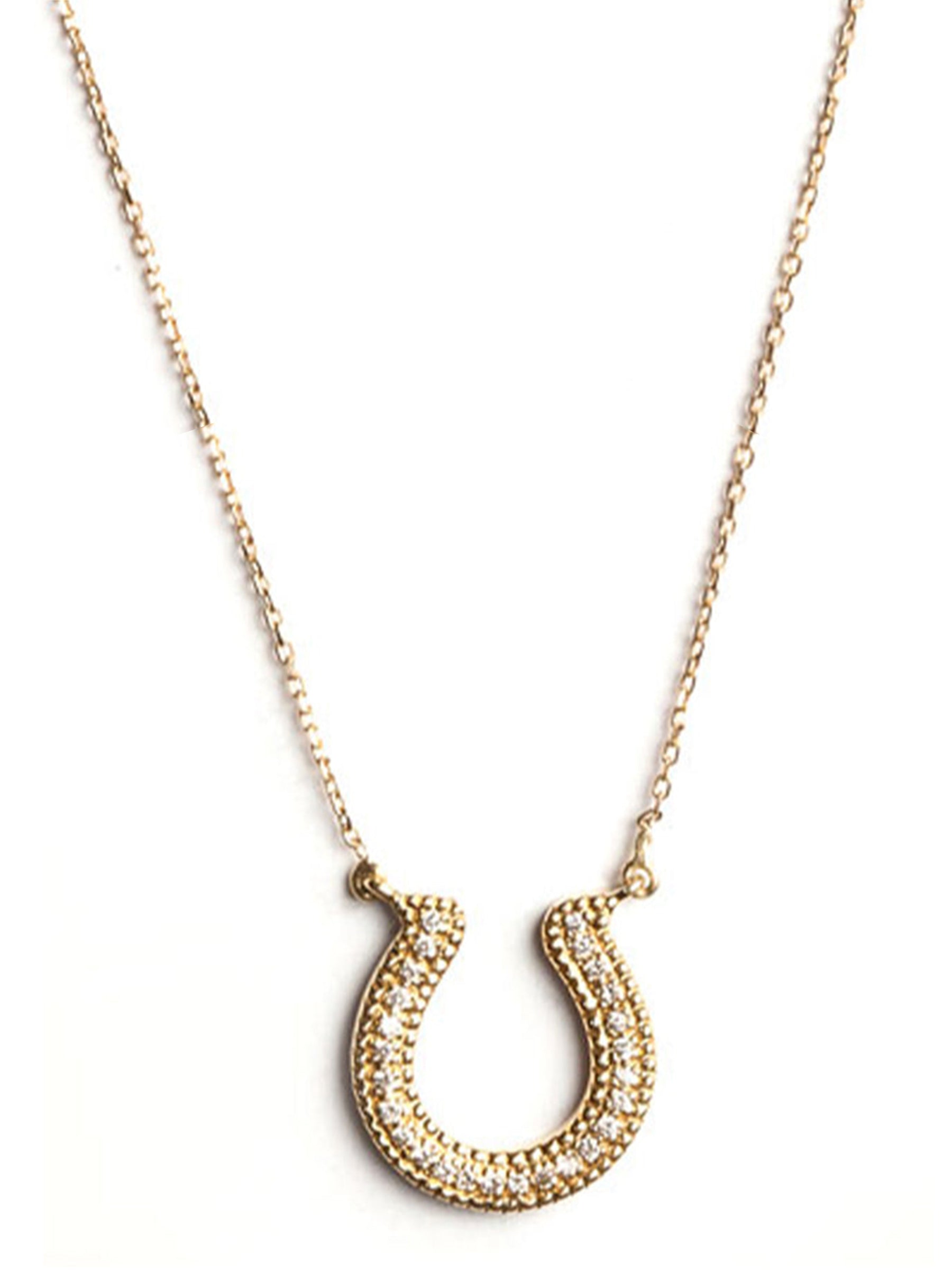 Handcrafted 18k gold horseshoe necklace with pavé champagne diamonds on a fine chain, on white background. 