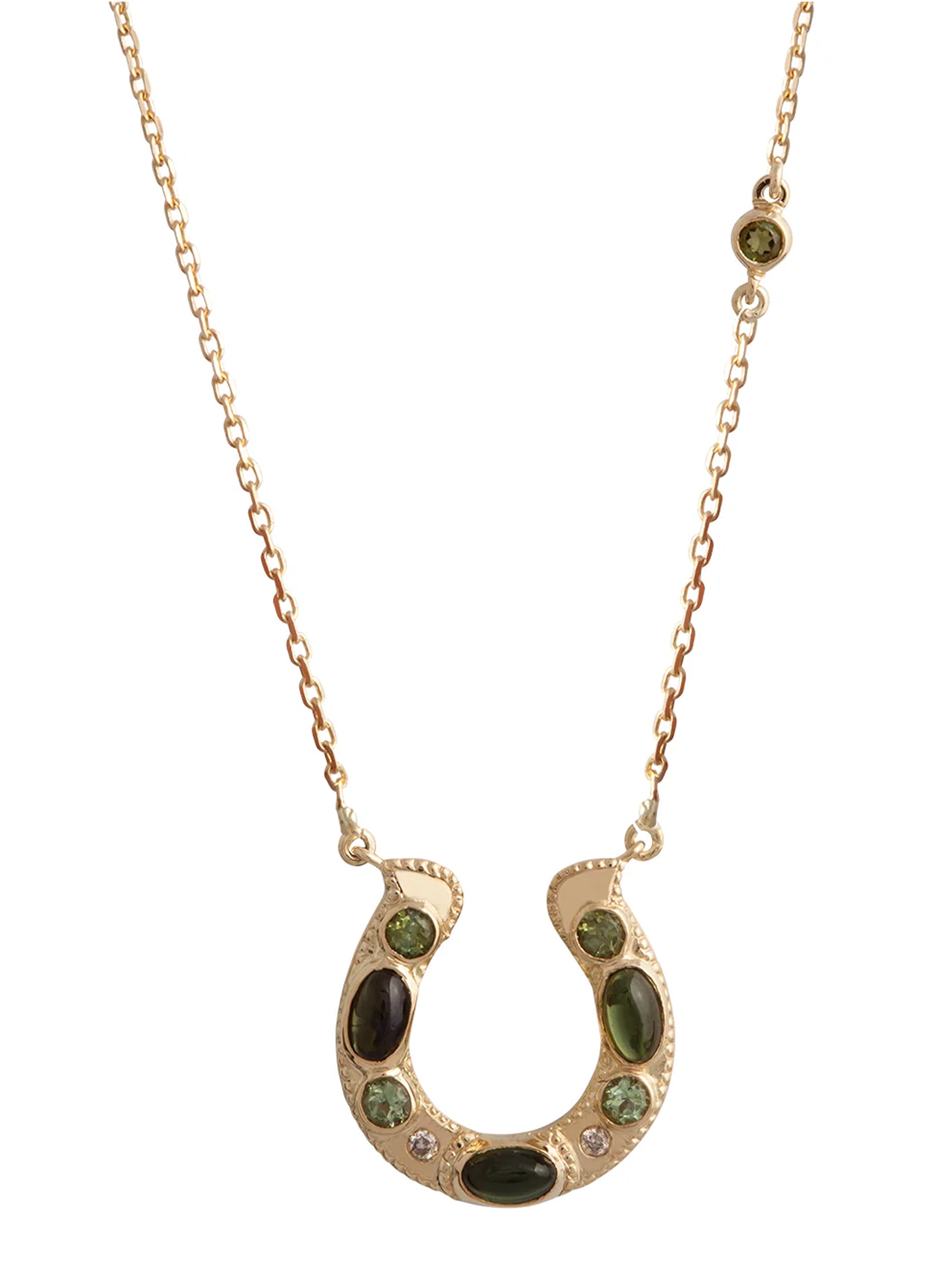 Horseshoe Green Tourmaline Cabochon Necklace in 18k Gold on white background.