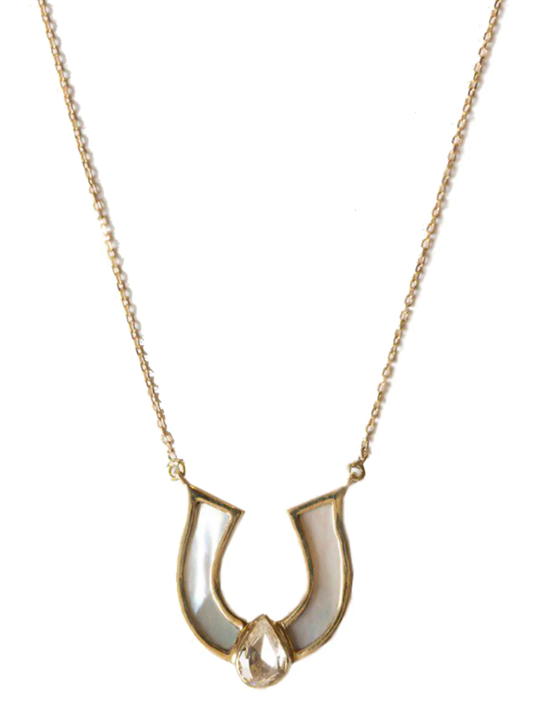 Handcrafted 18k gold horseshoe necklace with white mother of pearl, on a fine chain.