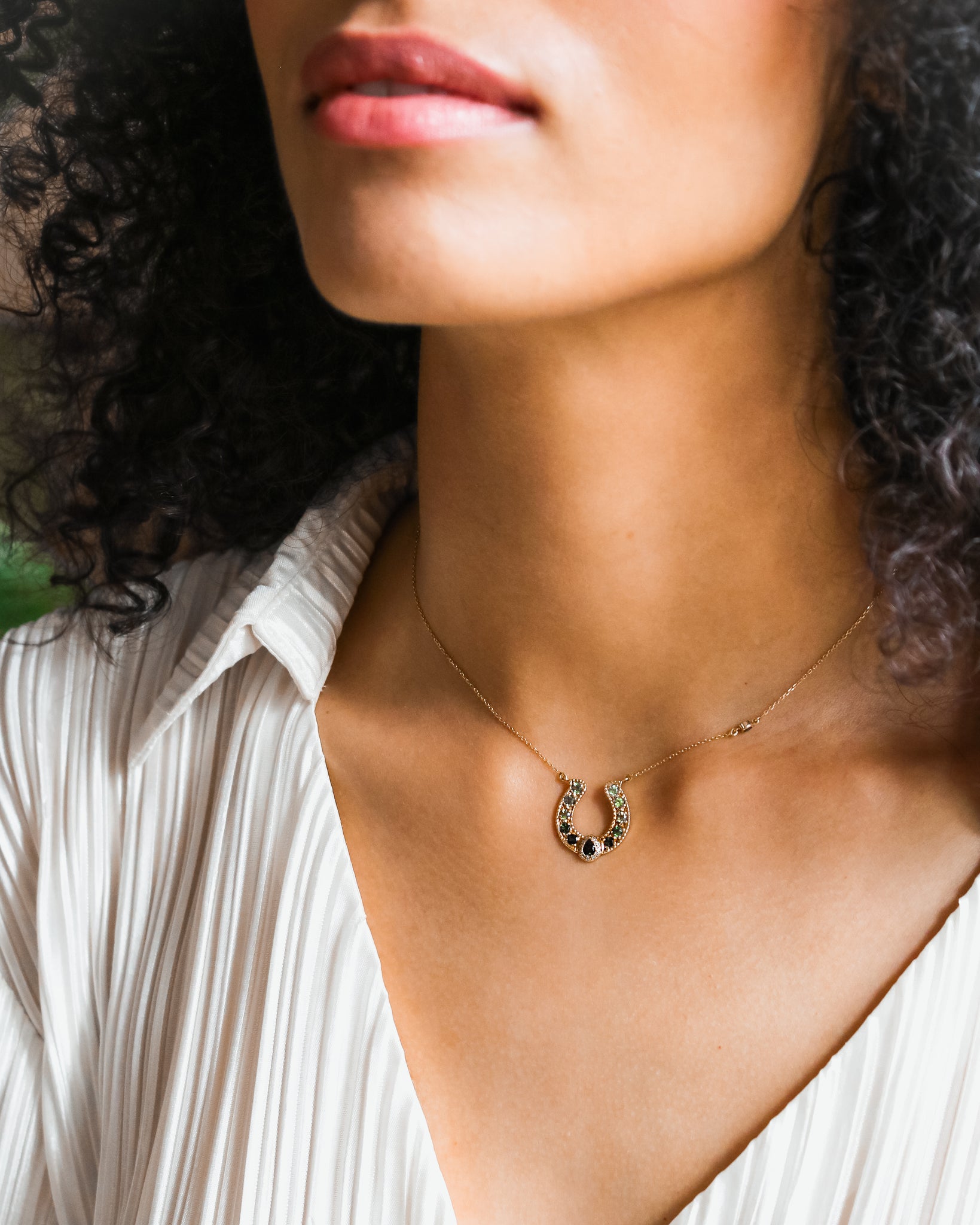 Ombre Green Tourmaline Horseshoe Necklace With Pear Crown And Diamonds