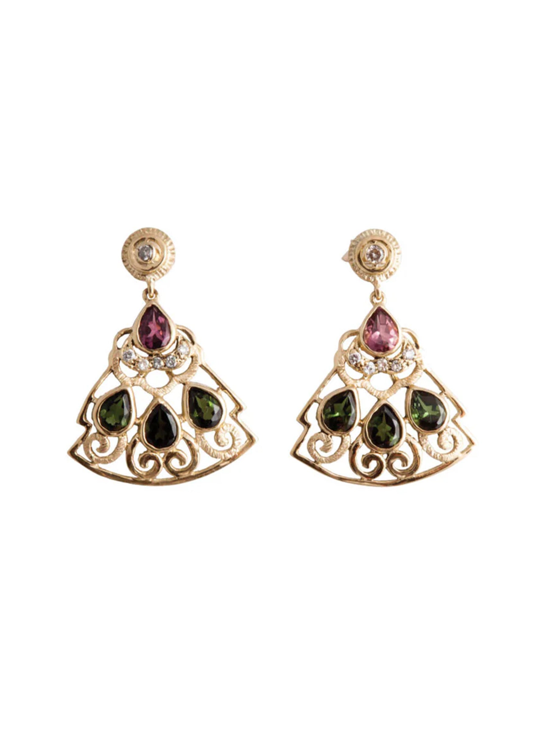 Levant Filigree Earrings with Diamonds and Multicolored Tourmalines