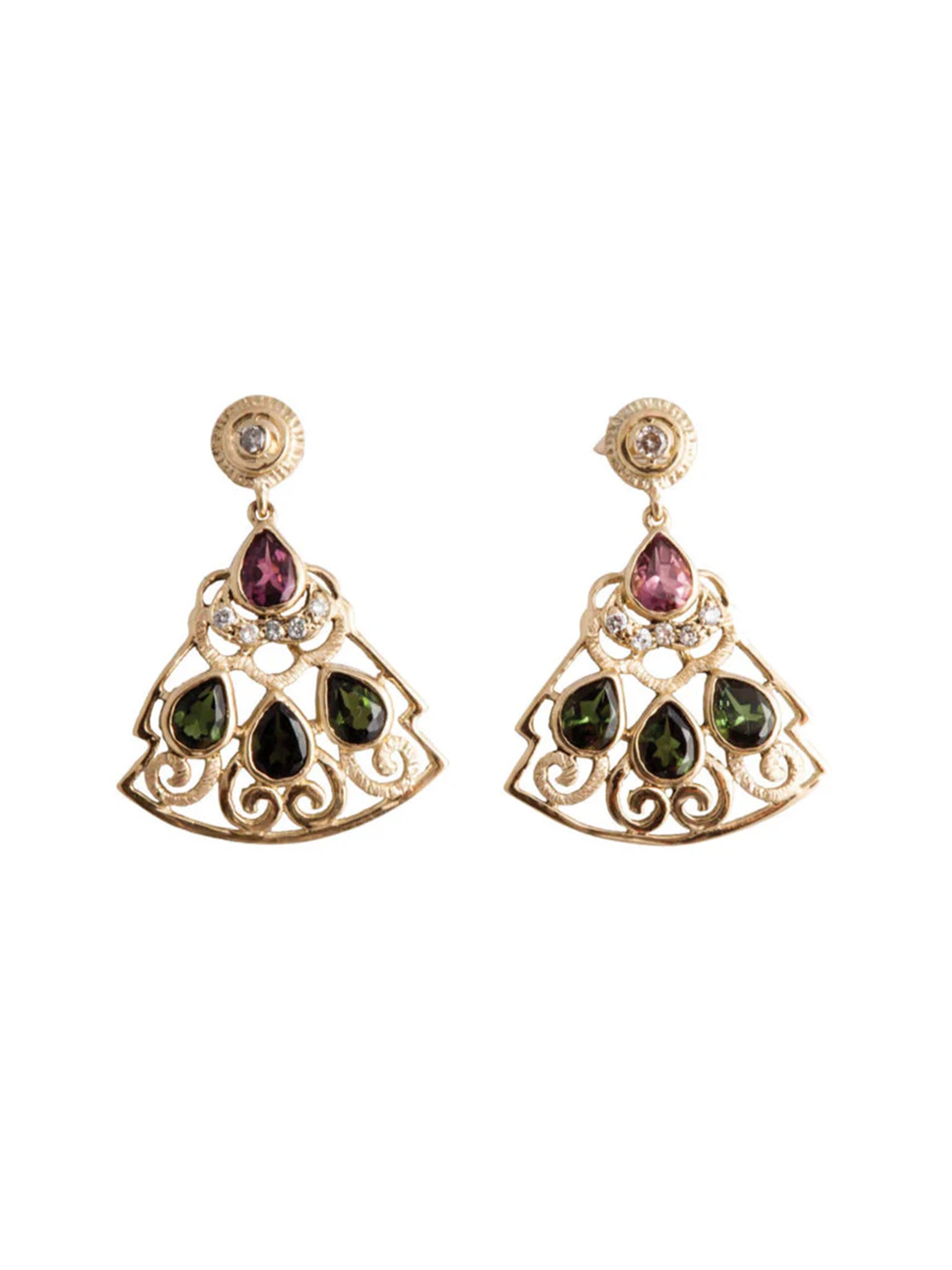 Levant Filigree Earrings with Diamonds and Multicolored Tourmalines