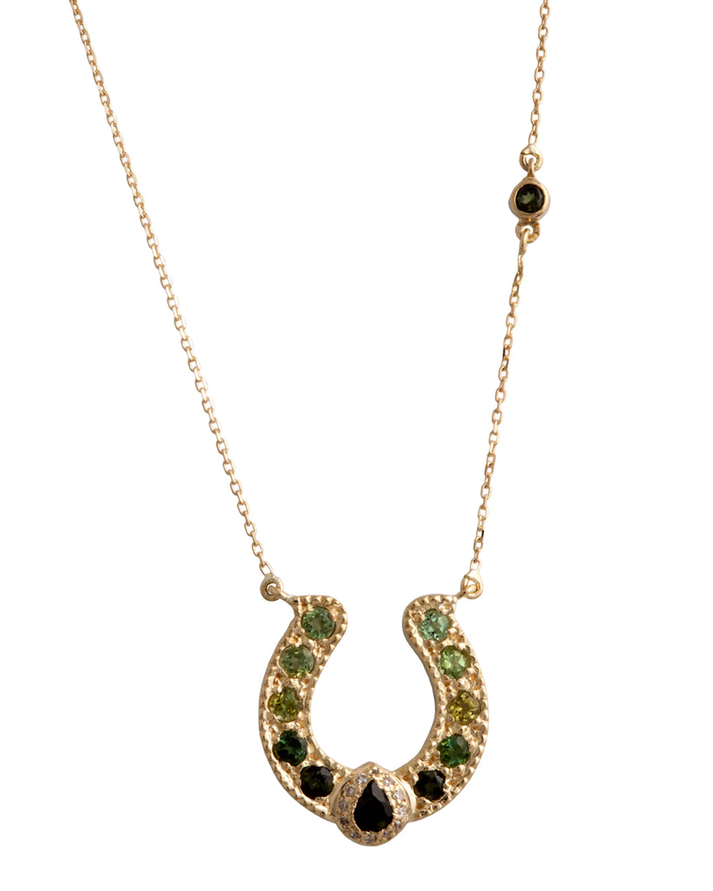 Ombre Green Tourmaline Horseshoe Necklace With Pear Crown And Diamonds