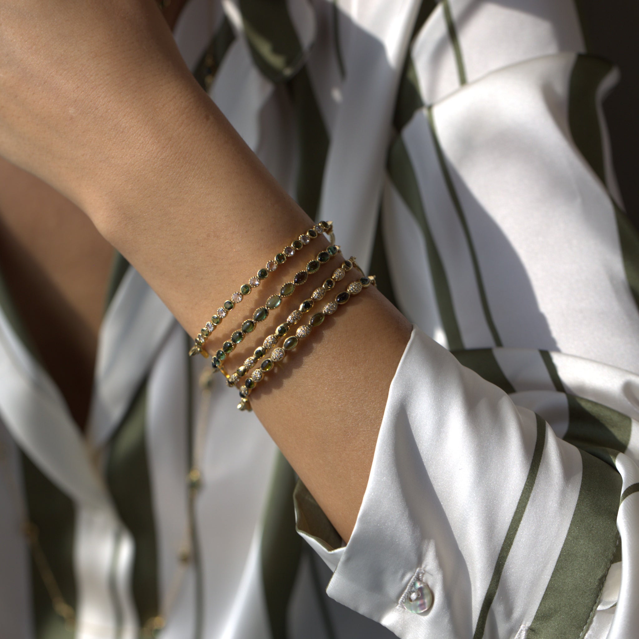 Freestyle Bracelet with Round Green Tourmaline and Rose-cut Diamonds