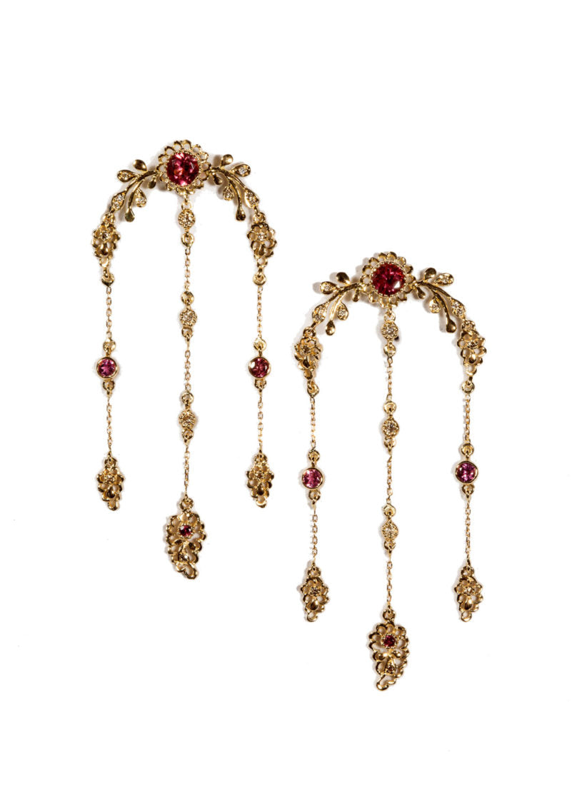 Aghabani Earrings with Pink Tourmalines, Diamonds and Floral Motif