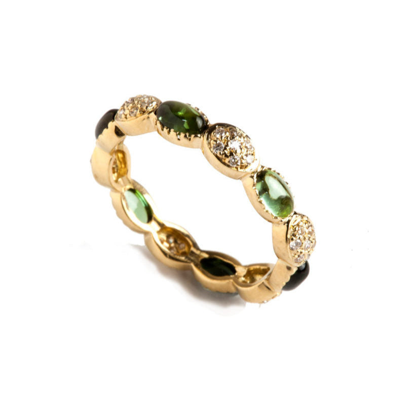 Freestyle Ring with Green Oval Cabochon Tourmalines and Diamond Clusters