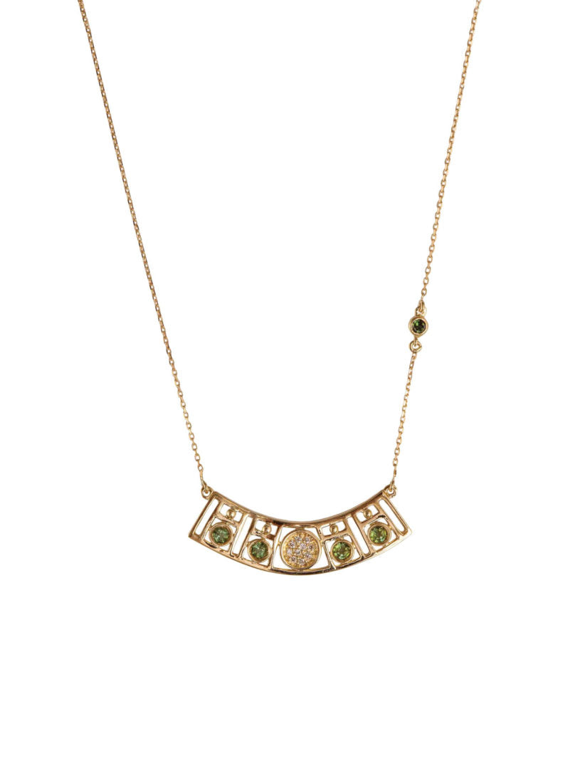 Levant Geometric Curved Necklace with Diamonds and Green Tourmalines