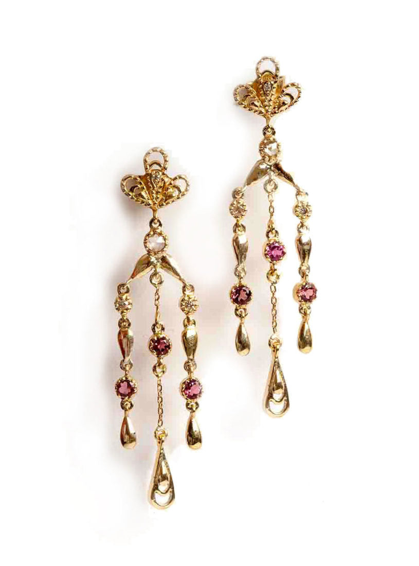 Aghabani Earrings with Pink Tourmalines, Diamonds and Filigree