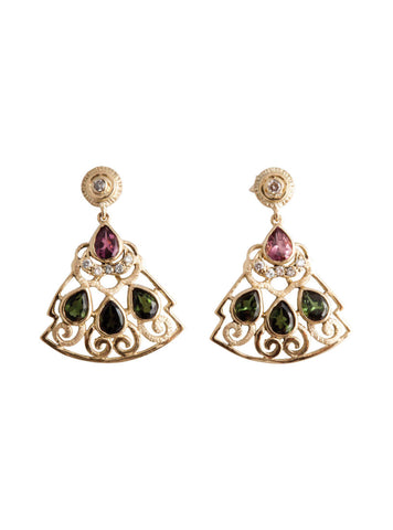 Levant Filigree Earrings with Diamonds and Multicolored Tourmalines