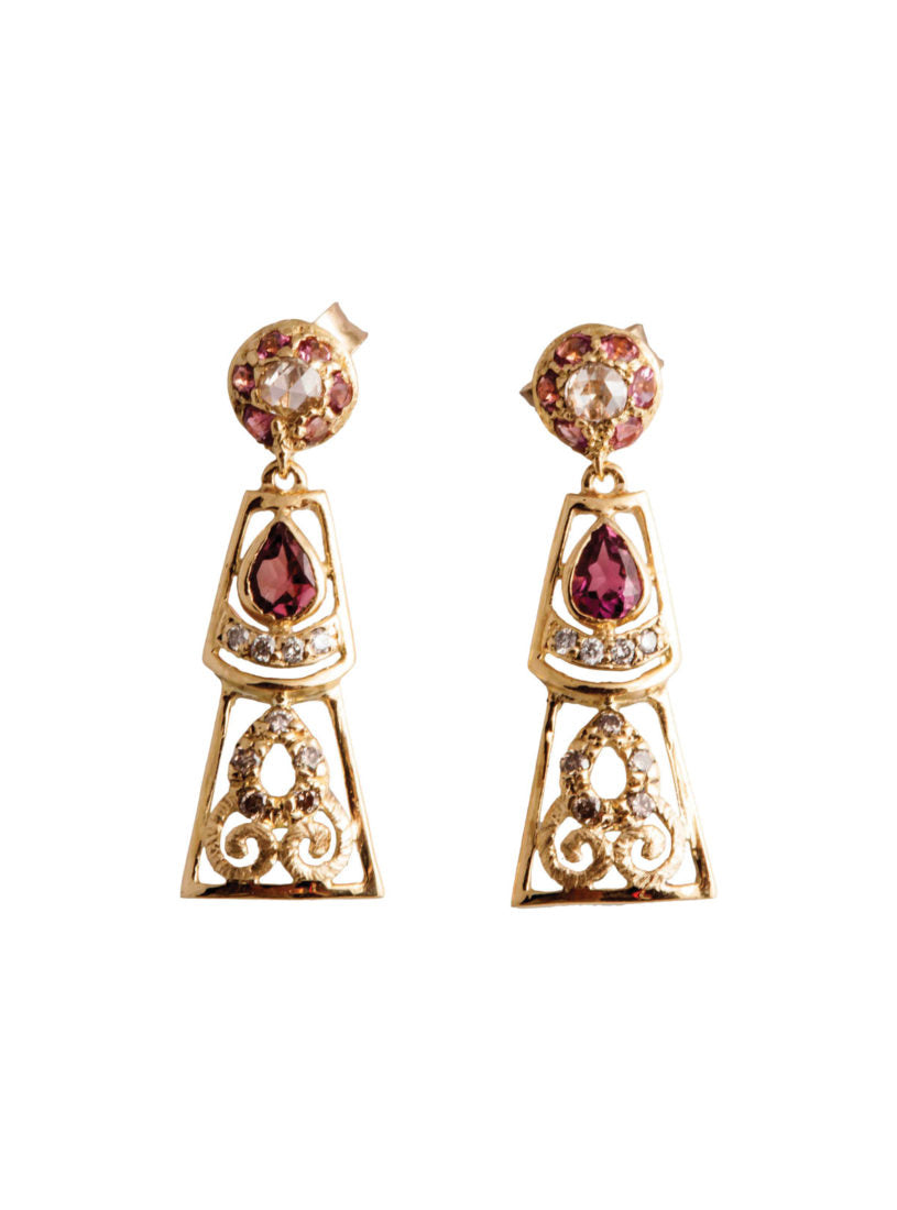 Levant Filigree Earrings with Diamonds and Pink Tourmalines