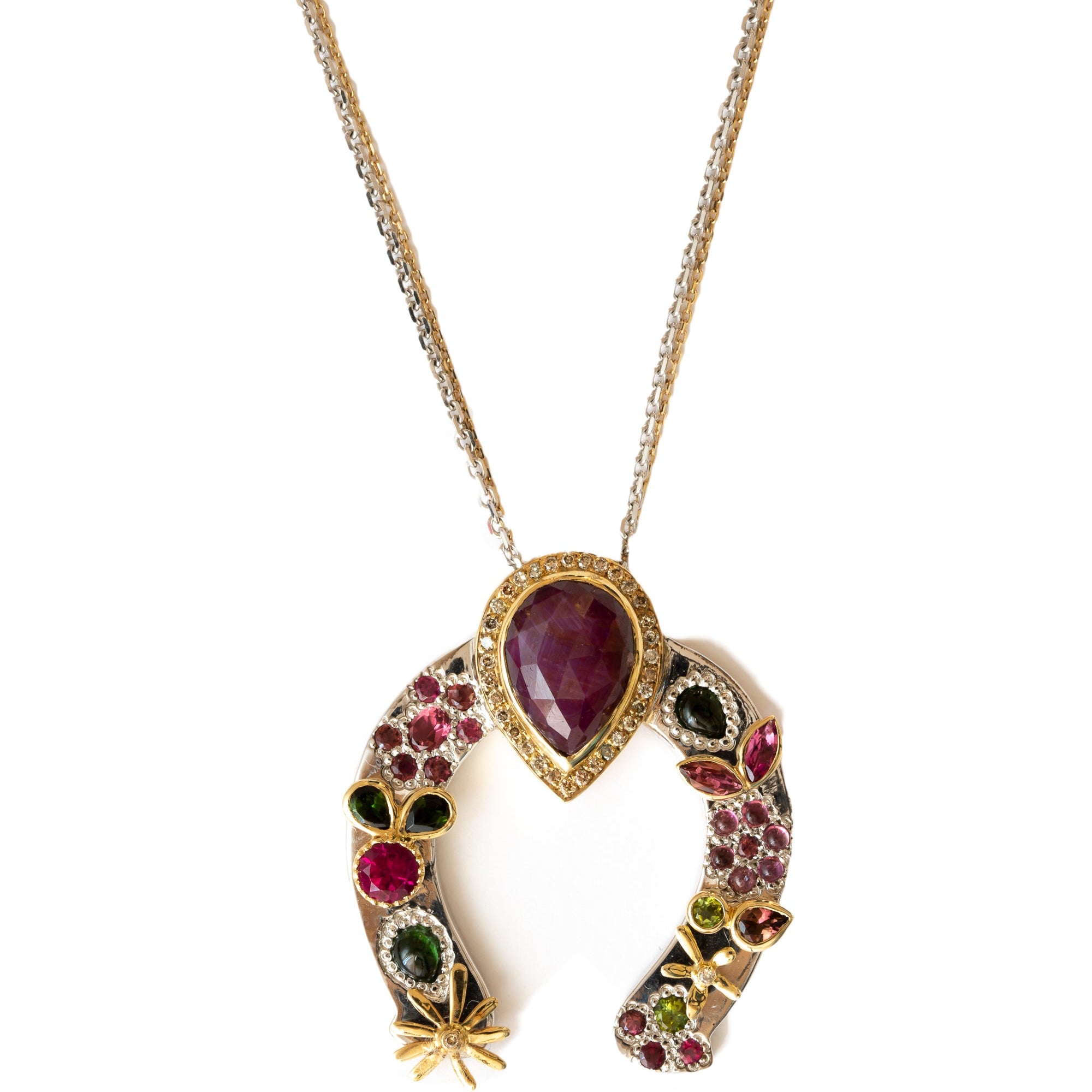 Horseshoe Necklace With Pear Red Sapphire And Diamond crown
