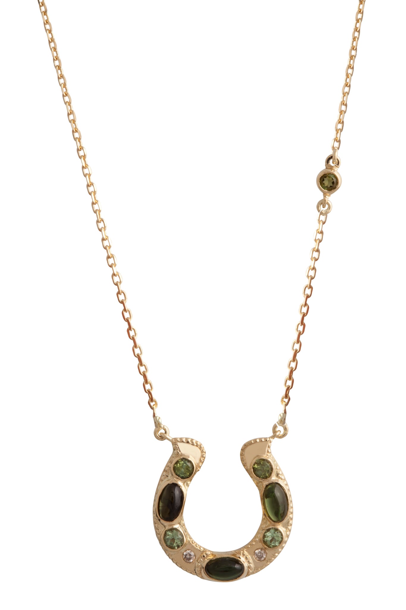 Horseshoe Necklace with Green Tourmaline Cabochon and Diamonds
