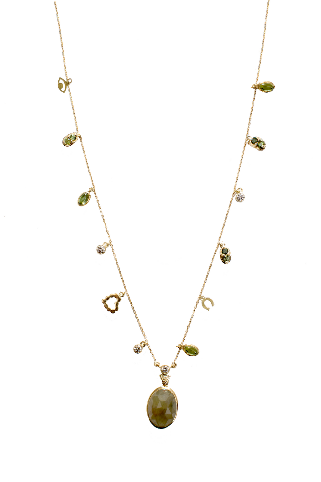 Long Sapphire Necklace with Diamonds and Green tourmaline Charms Drops