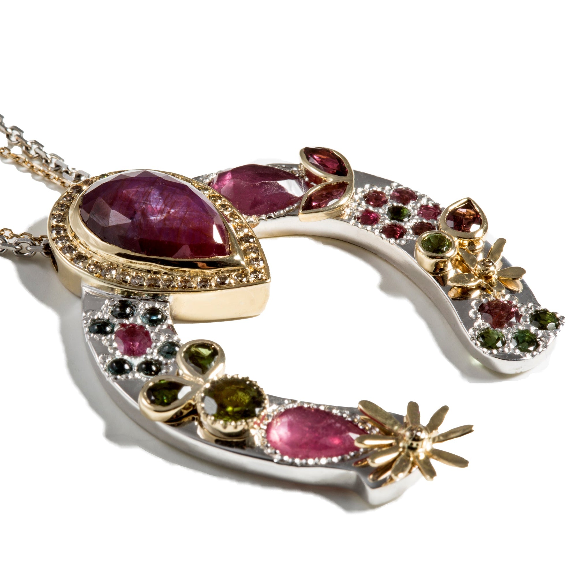 Horseshoe Necklace With Pear Red Sapphire And Diamond crown