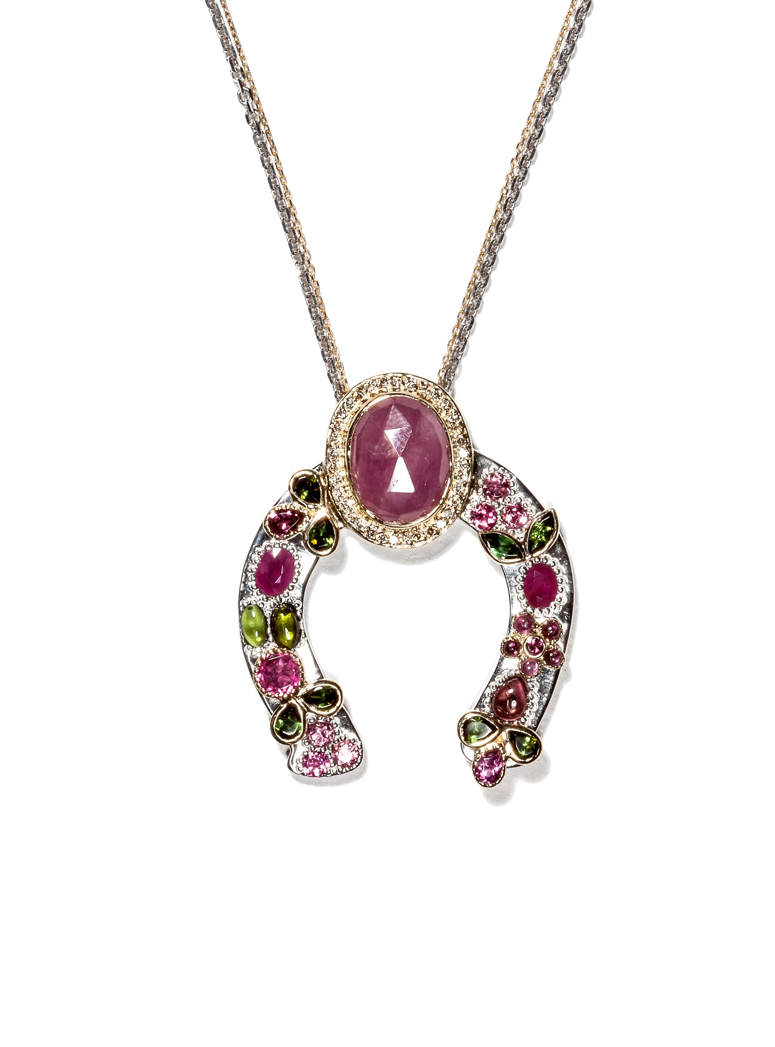 Horseshoe Necklace with Pink Sapphire and Diamond Crown