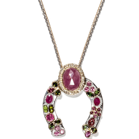 Horseshoe Necklace with Pink Sapphire and Diamond Crown