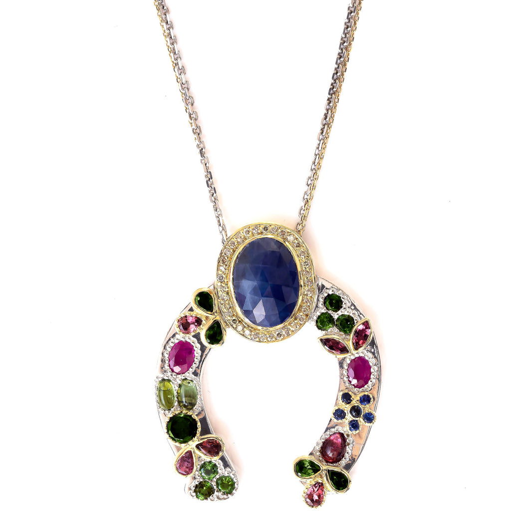 Horseshoe Necklace with Blue Sapphire and Diamond Crown