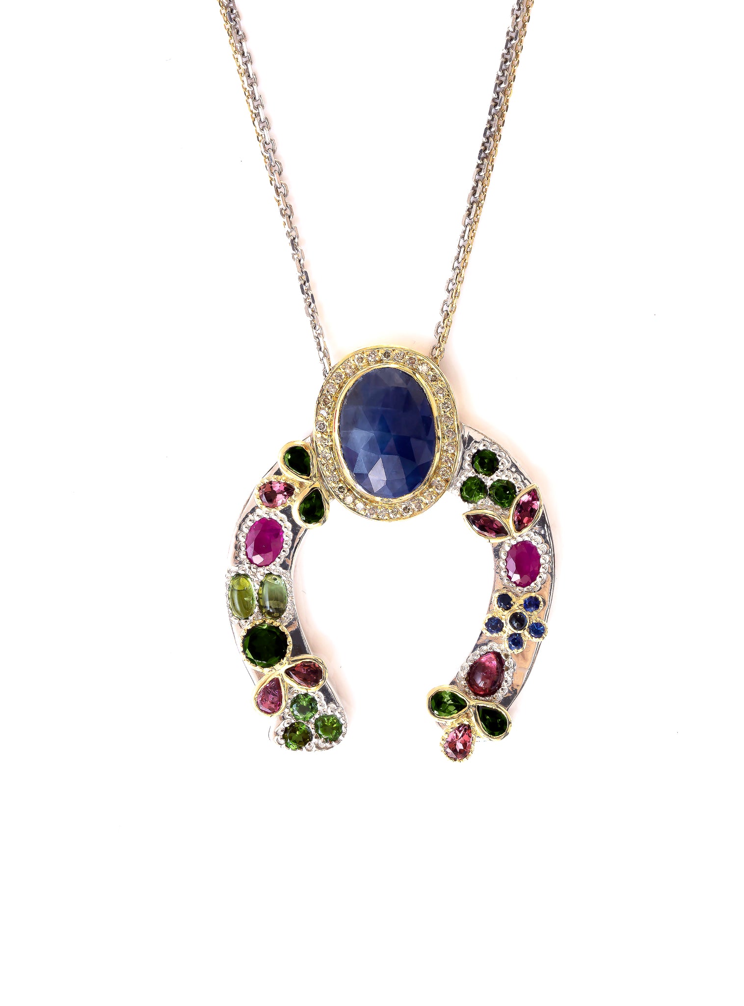 Horseshoe Necklace with Blue Sapphire and Diamond Crown