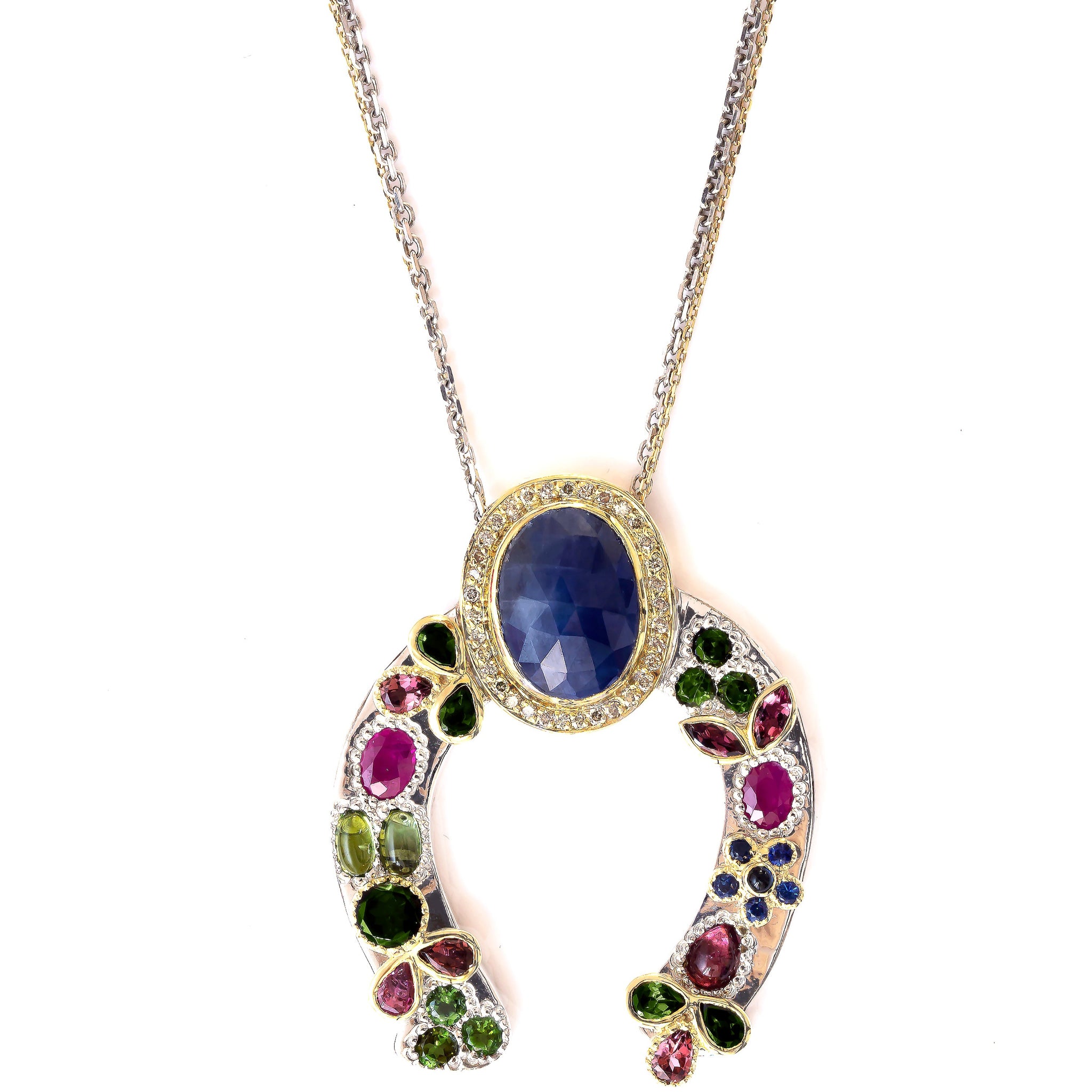 Horseshoe Necklace with Blue Sapphire and Diamond Crown