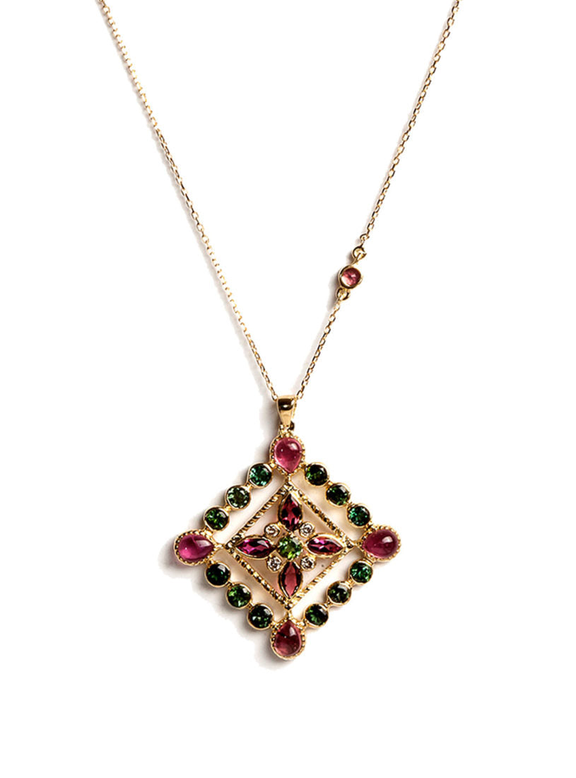 Arabesque Necklace with Multicolored Tourmalines, White Diamonds, Filigree Wire and Green Tourmaline Center