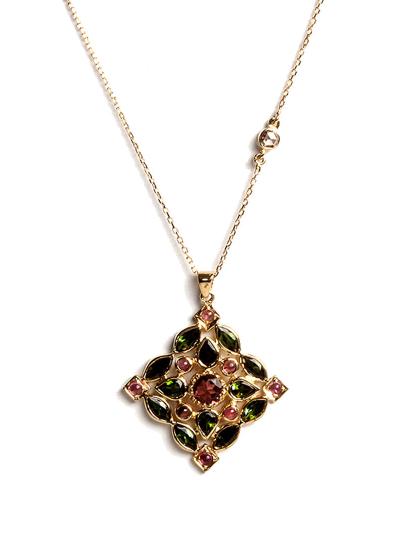 Arabesque Necklace with Multicolored Tourmalines, White Diamonds and Pink Tourmaline Center