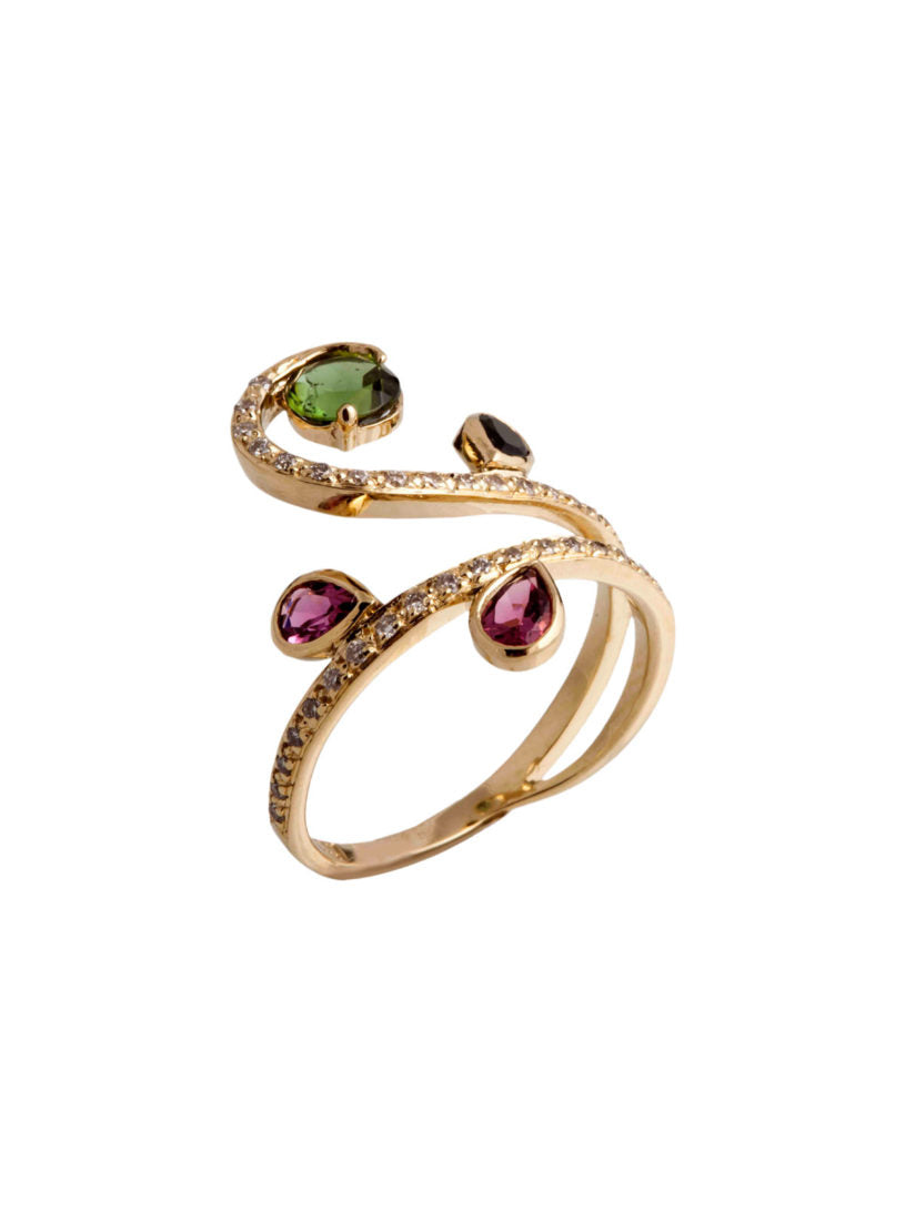 Arabesque Scrolling Wrap Ring with Multicolored Tourmalines and Diamonds