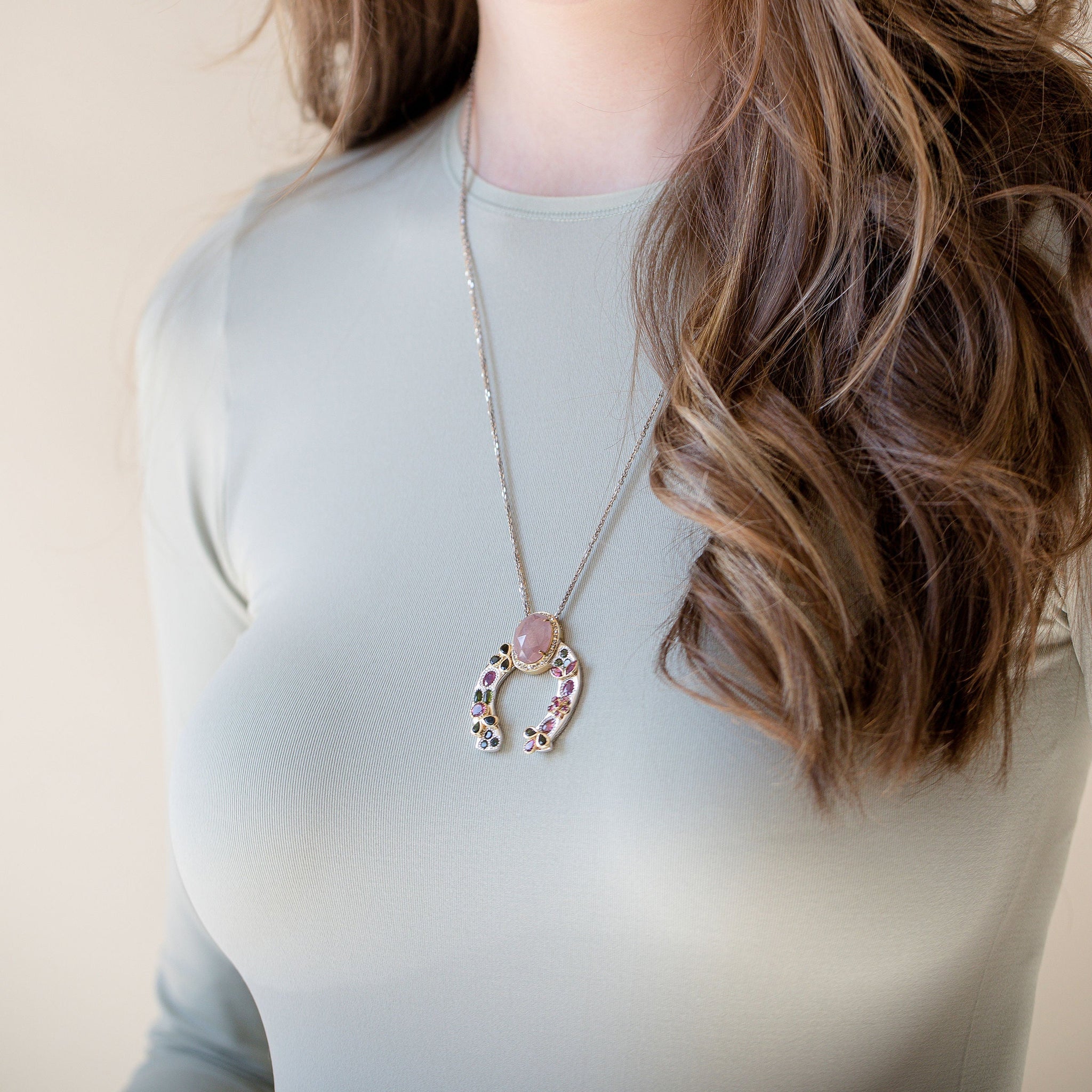 Horseshoe Necklace with Pink Sapphire and Diamond Crown