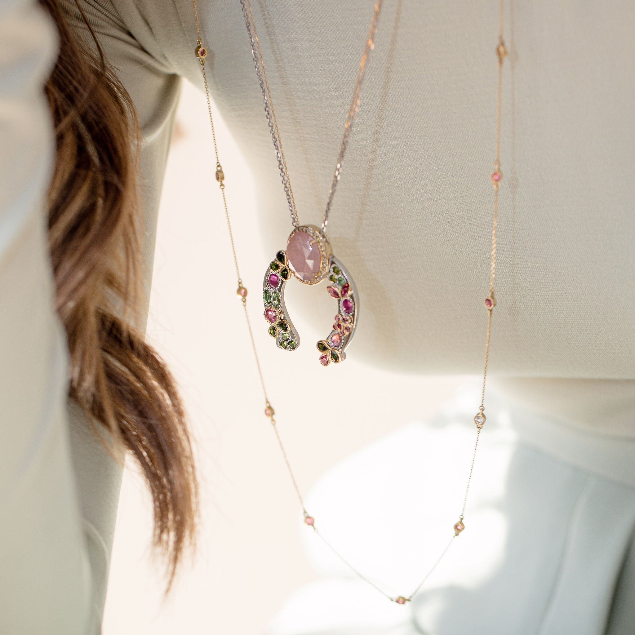 Horseshoe Necklace with Pink Sapphire and Diamond Crown